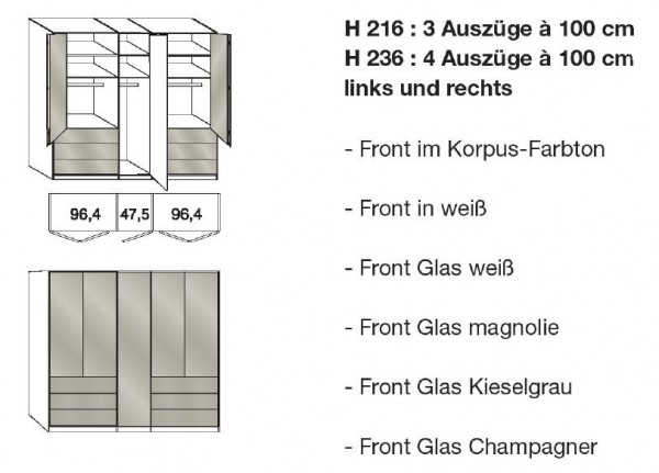 Wiemann Loft - Gleittüren-Panorama-Funktionsschrank - je 3 Auszüge seitlich- BxH: 250x216cm