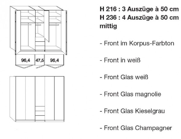 Wiemann Loft - Gleittüren-Panorama-Funktionsschrank - 3 Auszüge mittig - BxH: 250x216cm