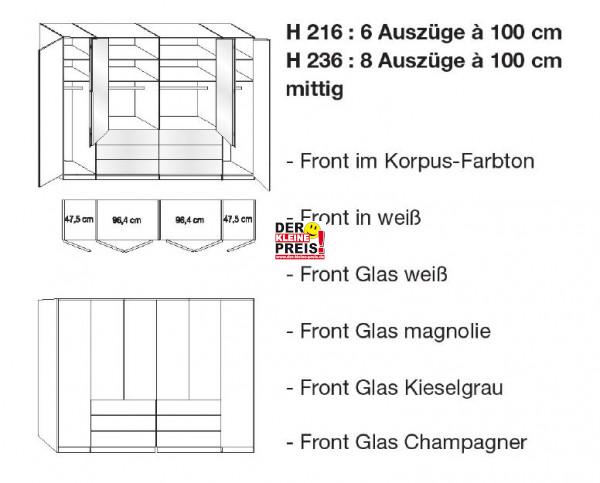 Wiemann Loft - Gleittüren-Panorama-Funktionsschrank - 6 Auszüge mittig - BxH: 300x216cm