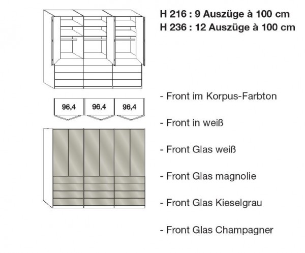Wiemann Loft - Gleittüren-Panorama-Funktionsschrank - 12 Auszüge - BxH: 300x236cm