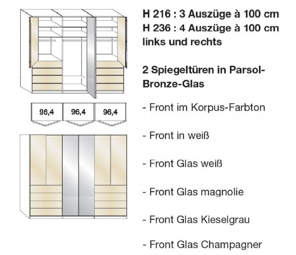 Wiemann Loft - Gleittüren-Panorama-Funktionsschrank - 4 Auszüge seitlich, 2 Spiegel - BxH: 300x236cm