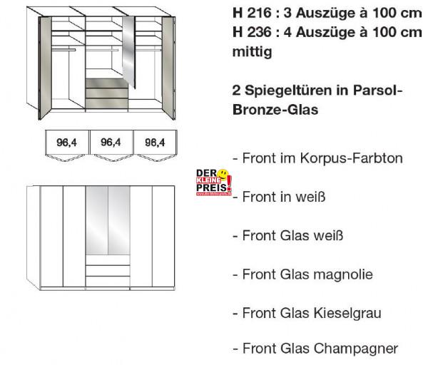 Wiemann Loft - Gleittüren-Panorama-Funktionsschrank - 3 Auszüge mittig, 2 Spiegel - BxH: 300x216cm