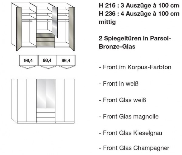 Wiemann Loft - Gleittüren-Panorama-Funktionsschrank - 3 Auszüge mittig, 2 Spiegel - BxH: 300x216cm
