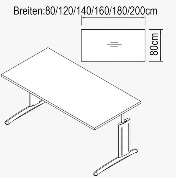 Techno by rb - Schreibtisch mit Rechteckplatte - C-Fuß-Gestell - 80 cm Tiefe - Breiten 80 - 200 cm