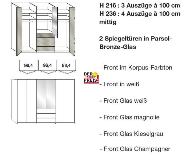 Wiemann Loft - Gleittüren-Panorama-Funktionsschrank - 4 Auszüge mittig, 2 Spiegel - BxH: 300x236cm