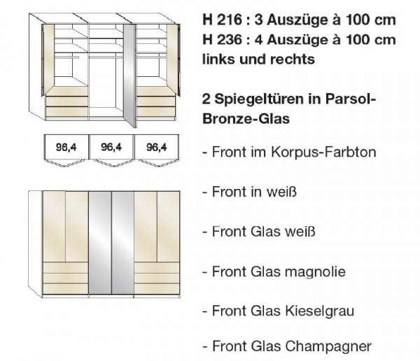 Wiemann Loft - Gleittüren-Panorama-Funktionsschrank -je 3 Auszüge seitlich, 2 Spiegel - BxH: 300x216