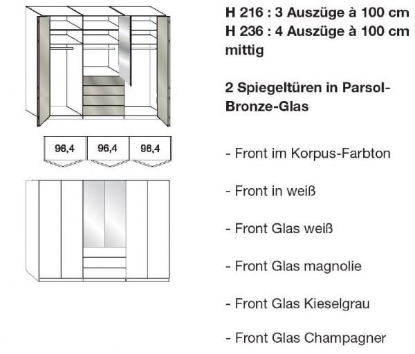 Wiemann Loft - Gleittüren-Panorama-Funktionsschrank - 4 Auszüge mittig, 2 Spiegel - BxH: 300x236cm