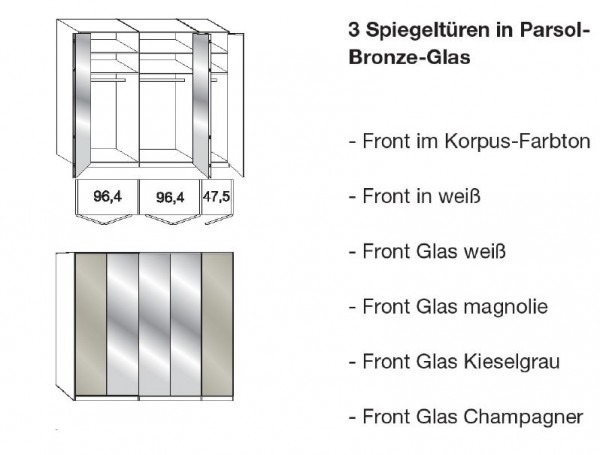 Wiemann Loft - Gleittüren-Panoramaschrank - 3 Spiegeltüren - BxH: 250x236cm