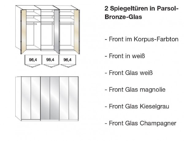 Wiemann Loft - Gleittüren-Panoramaschrank - 2 Spiegeltüren - BxH: 300x216cm